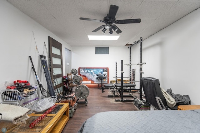 bedroom featuring a paneled ceiling, ceiling fan, and hardwood / wood-style floors