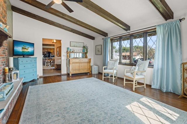 living room featuring lofted ceiling with beams, ceiling fan, brick wall, and dark hardwood / wood-style flooring