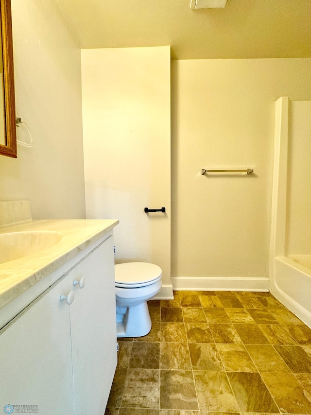 full bathroom with shower / bathtub combination, vanity, tile patterned flooring, and toilet