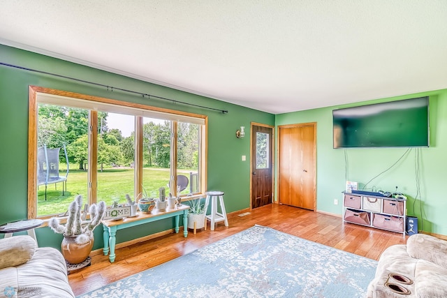 living room featuring a textured ceiling and hardwood / wood-style floors