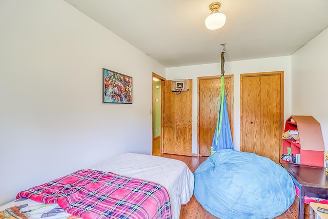 bedroom with multiple closets and hardwood / wood-style flooring