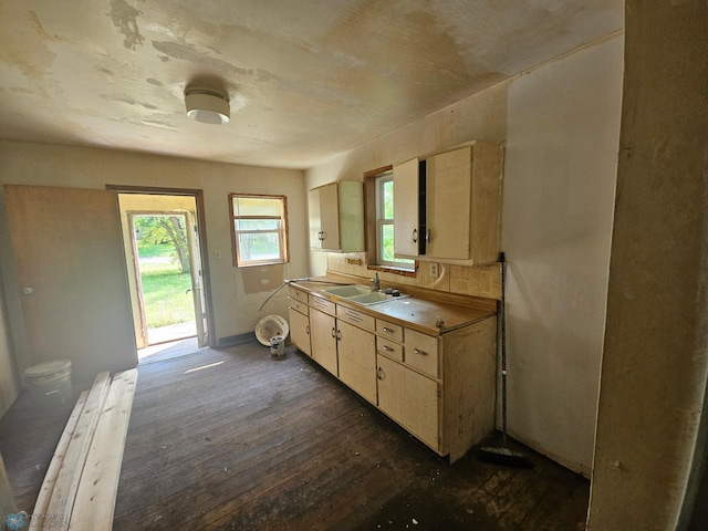 kitchen with dark wood-type flooring, tasteful backsplash, sink, and plenty of natural light