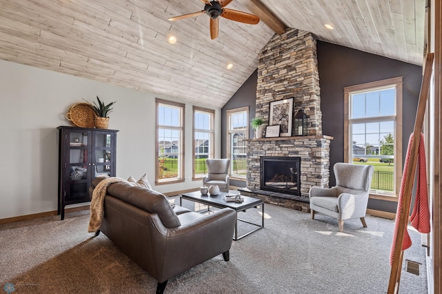 living room featuring wooden ceiling, high vaulted ceiling, beamed ceiling, carpet floors, and a stone fireplace