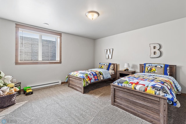 carpeted bedroom featuring a baseboard heating unit