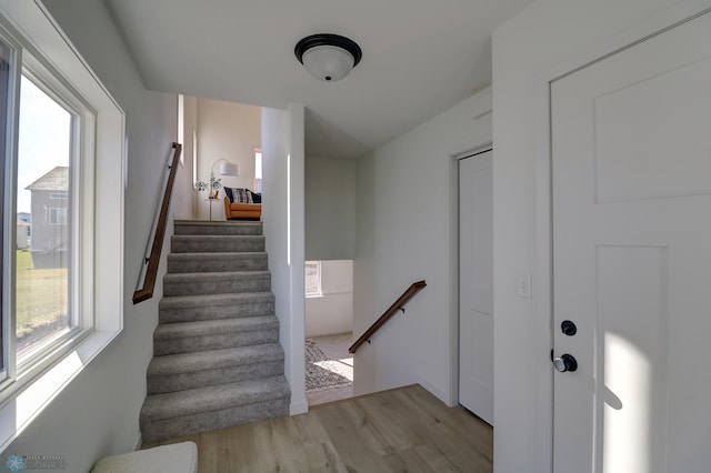 stairs with light hardwood / wood-style flooring