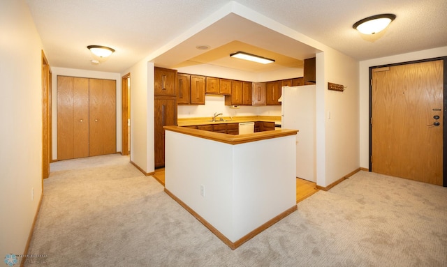 kitchen featuring kitchen peninsula, sink, light colored carpet, a textured ceiling, and white appliances