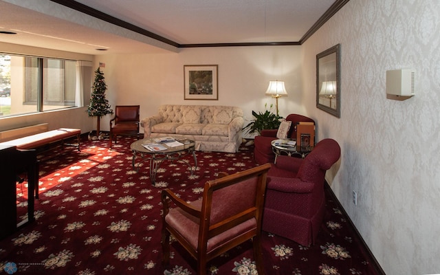 living room featuring crown molding