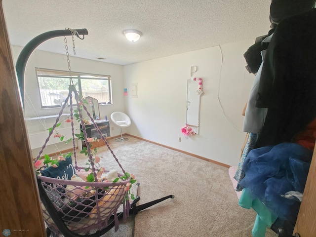 rec room with carpet flooring and a textured ceiling