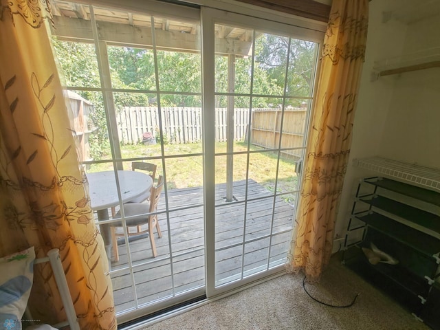 doorway with carpet floors