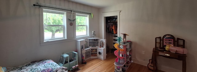 bedroom with multiple windows and light wood-type flooring