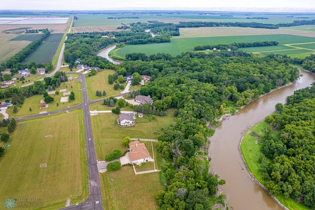 aerial view featuring a water view and a rural view