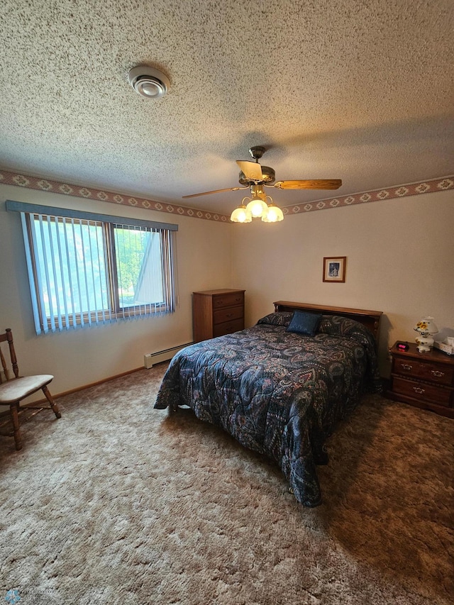 bedroom featuring a baseboard radiator, carpet, ceiling fan, and a textured ceiling