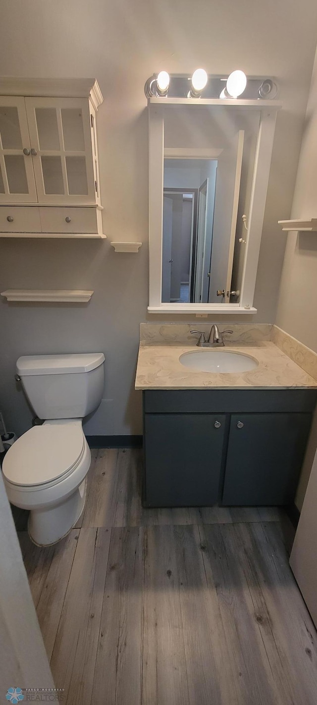 bathroom featuring vanity, wood-type flooring, and toilet