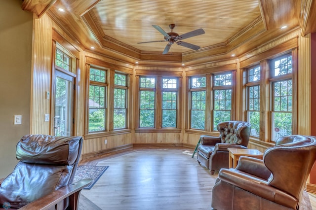 sitting room with ceiling fan, wood walls, light hardwood / wood-style flooring, and wooden ceiling