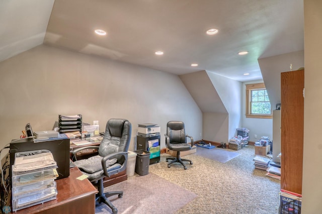 office with carpet and lofted ceiling