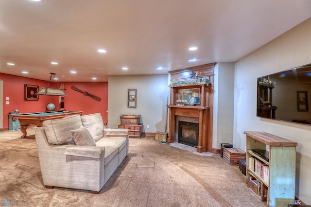 living room featuring light colored carpet and pool table