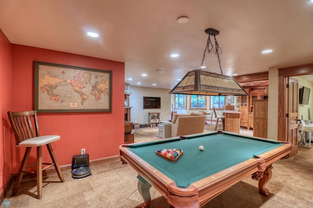 rec room featuring pool table and light carpet