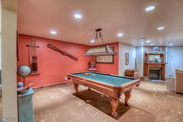 game room featuring light carpet and pool table