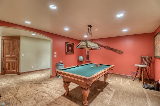 game room with light colored carpet and billiards