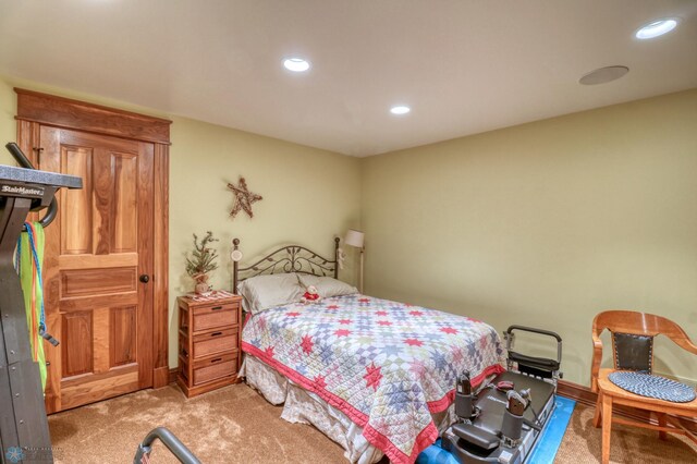 bedroom featuring light colored carpet