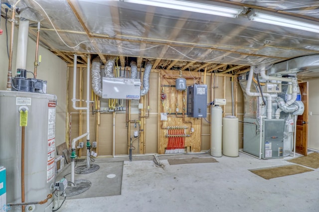 basement with heating unit and gas water heater