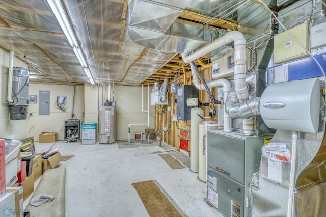 basement with electric panel and gas water heater