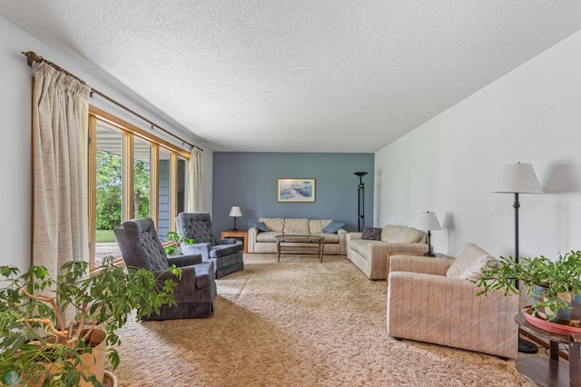 living room featuring light colored carpet and a textured ceiling