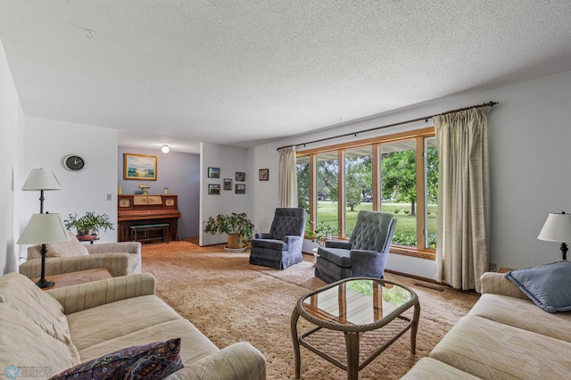 carpeted living room with a textured ceiling