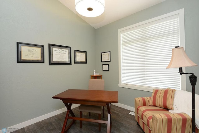 office area featuring lofted ceiling and dark hardwood / wood-style flooring