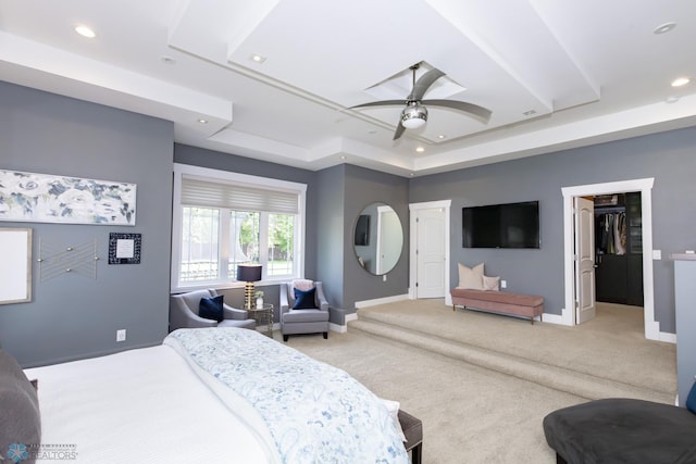 carpeted bedroom with a spacious closet, ceiling fan, and a raised ceiling