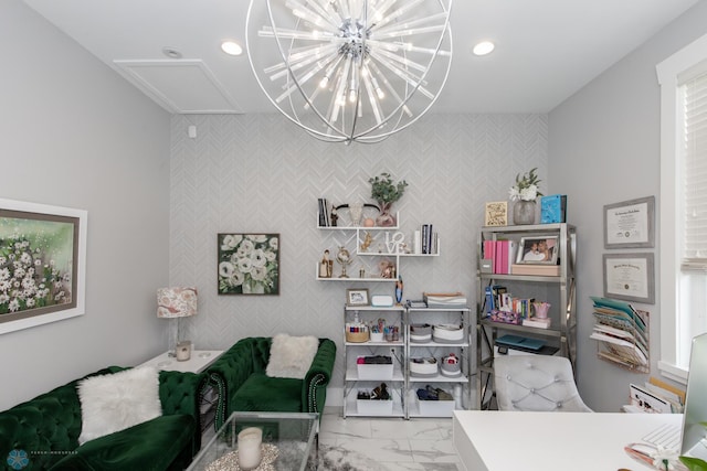 tiled office with an inviting chandelier