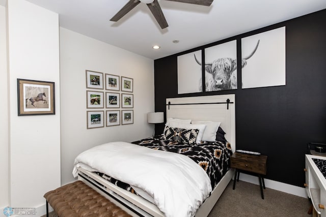 bedroom with ceiling fan and carpet flooring