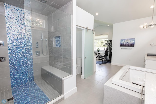 bathroom with an inviting chandelier, independent shower and bath, toilet, and tile patterned floors