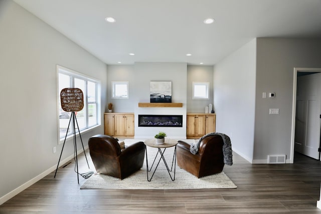 living room with dark wood-type flooring