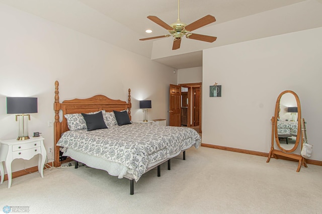 bedroom featuring ceiling fan and light colored carpet