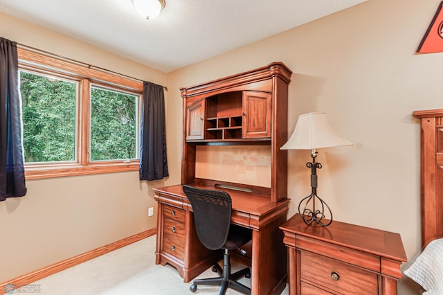 carpeted office with a textured ceiling