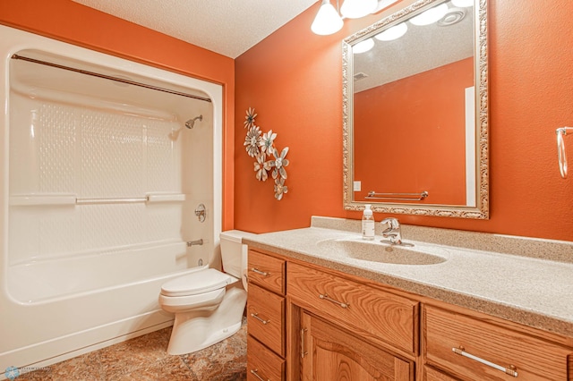 full bathroom with shower / tub combination, a textured ceiling, toilet, vanity, and tile patterned floors