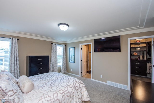 bedroom with a spacious closet, ensuite bath, carpet, and a closet