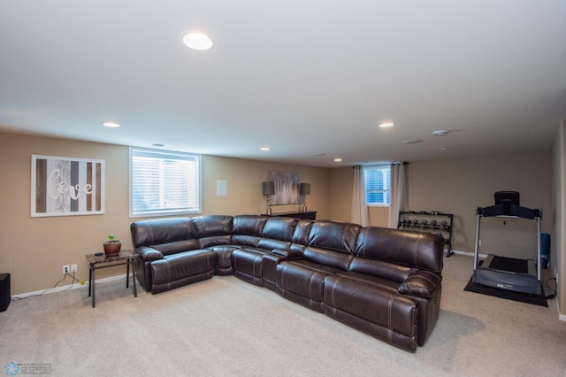 living room with light colored carpet