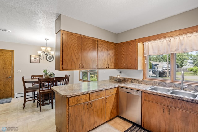 kitchen with light tile patterned floors, a notable chandelier, sink, and stainless steel dishwasher