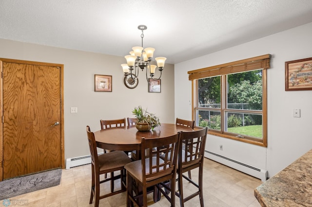 dining room with a baseboard radiator, a textured ceiling, light tile patterned flooring, and a notable chandelier