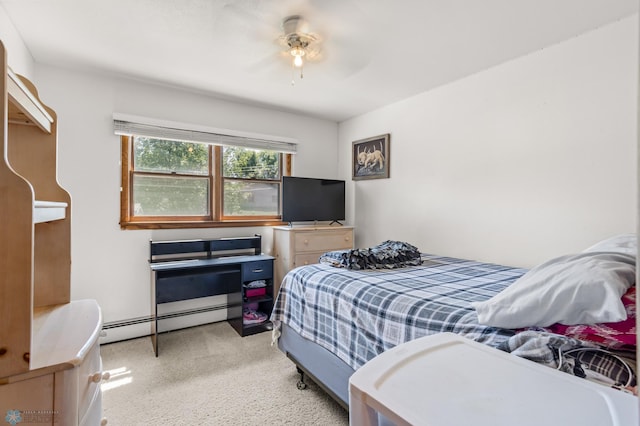 bedroom with a baseboard radiator, ceiling fan, and light colored carpet