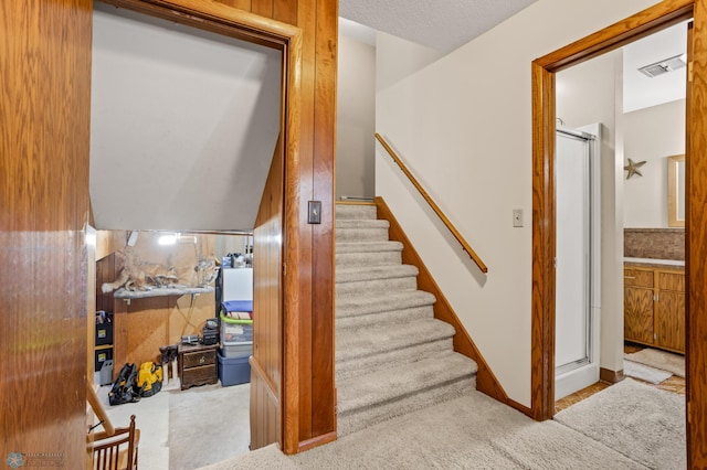 stairway with a textured ceiling, lofted ceiling, and light colored carpet