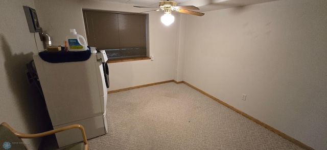 interior space with light colored carpet and ceiling fan