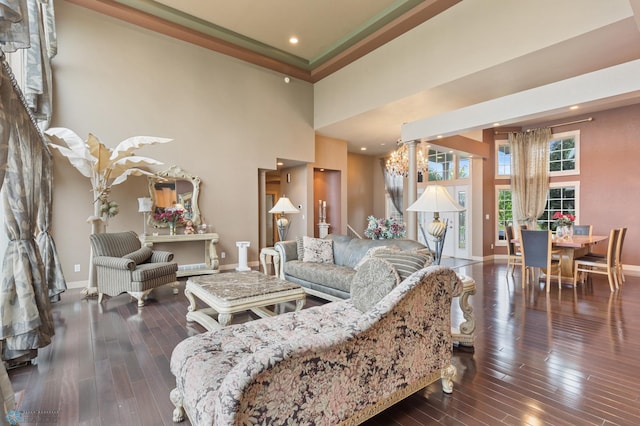 living room with a high ceiling and dark hardwood / wood-style flooring