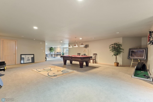 game room featuring pool table and light colored carpet