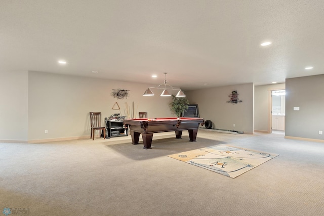 game room with pool table and light carpet