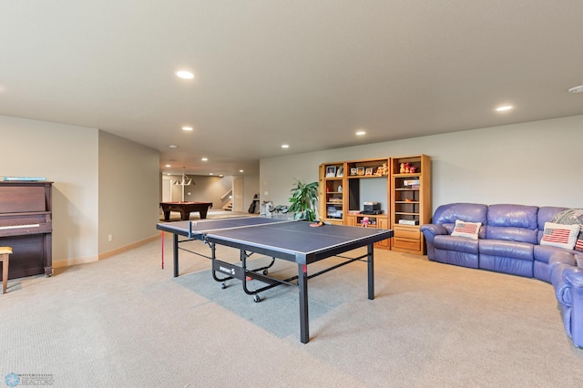 rec room featuring pool table and light colored carpet