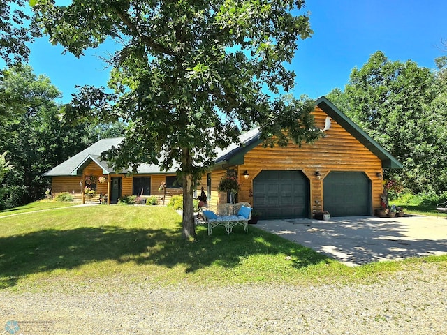 log-style house with a front lawn