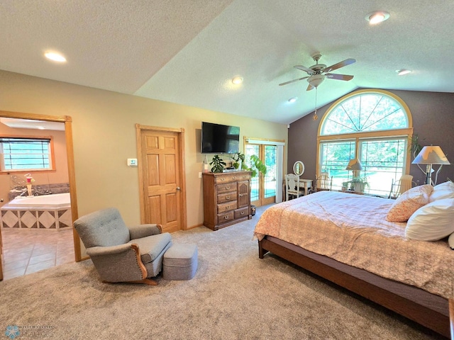 bedroom featuring a textured ceiling, ceiling fan, lofted ceiling, and carpet flooring